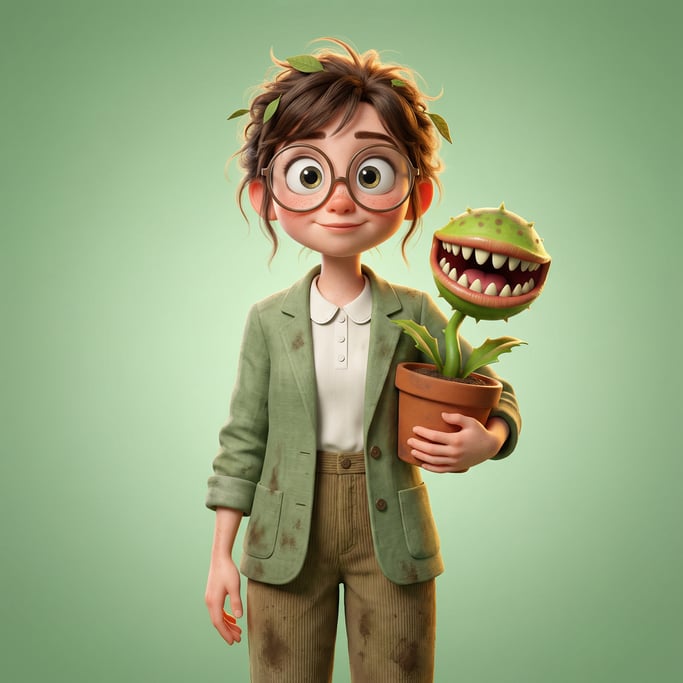 Pixar-style 3D character — a curious botanist with oversized round glasses and freckles scattered ac