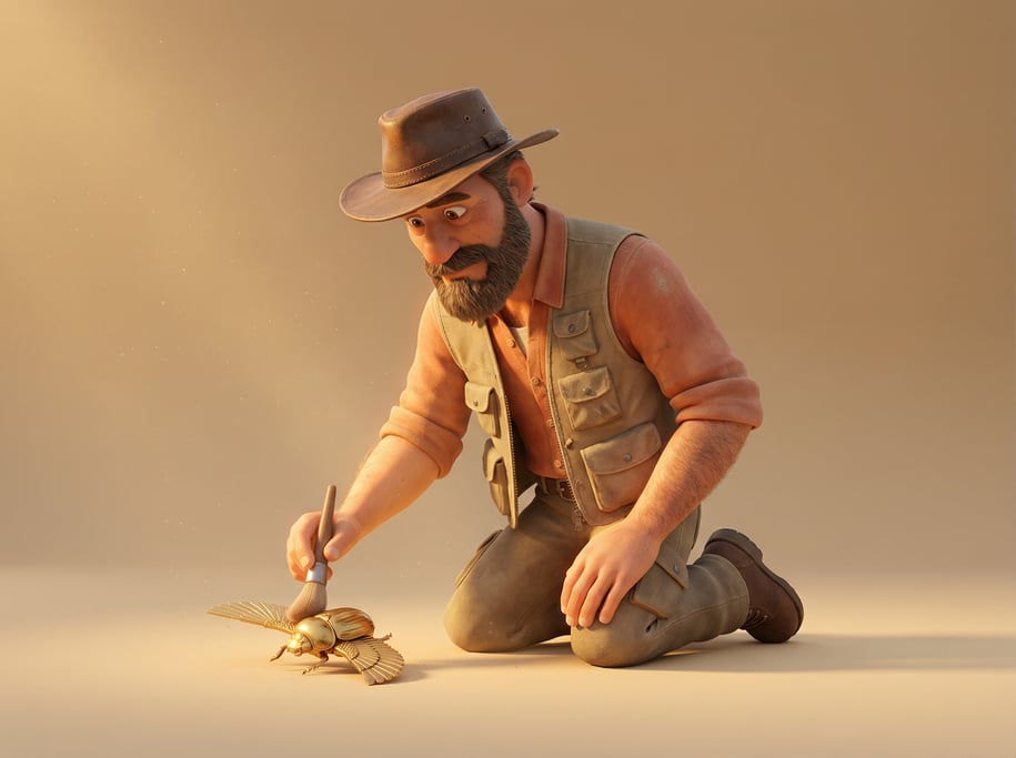 Pixar-style 3D character — a rugged archaeologist with sun-darkened skin and a battered wide-brim ha