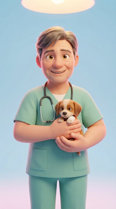 Pixar-style 3D character — a gentle veterinarian with laugh lines and warm amber eyes