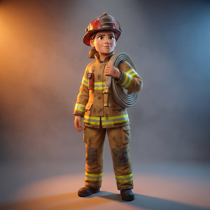 Pixar-style 3D character — a heroic firefighter with a strong square jaw and determined expression