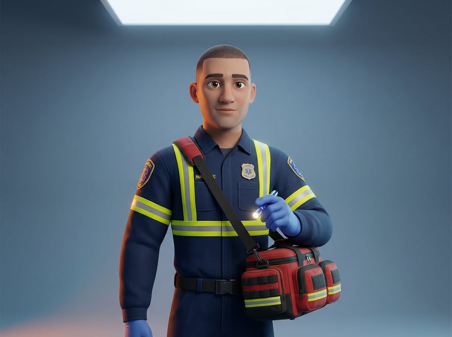 Pixar-style 3D character — a calm paramedic with close-cropped hair and steady dark eyes