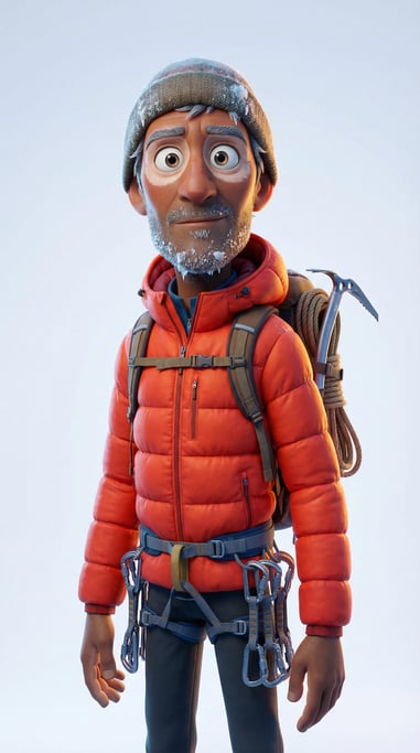 Pixar-style 3D character — a wiry mountain guide with deep tan lines around goggle marks
