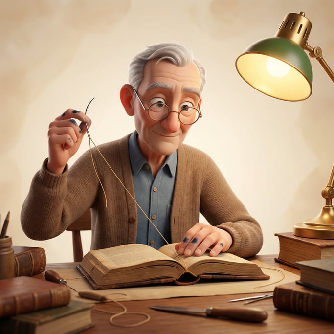 Pixar-style 3D character — a patient book restorer with half-moon spectacles and ink-stained fingert