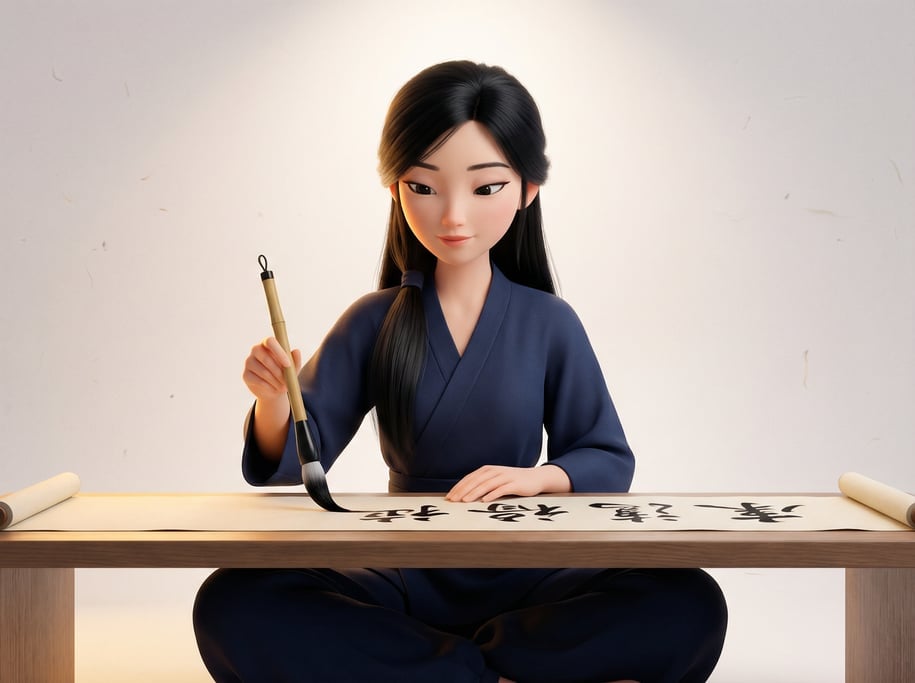 Pixar-style 3D character — a serene calligrapher with long straight black hair and a composed expres