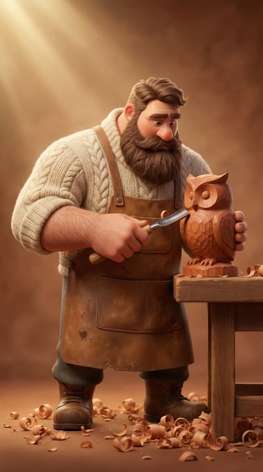 Pixar-style 3D character — a sturdy woodcarver with thick forearms and a bushy walnut-brown beard