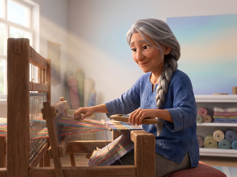 Pixar-style 3D character — a graceful weaver with silver-streaked hair in a loose braid