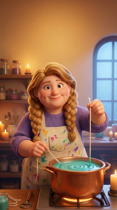 Pixar-style 3D character — a cheerful candlemaker with dimpled cheeks and honey-blonde hair in twin