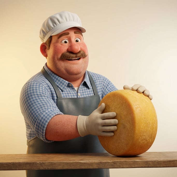 Pixar-style 3D character — a proud cheesemaker with a ruddy complexion and a thick walrus mustache