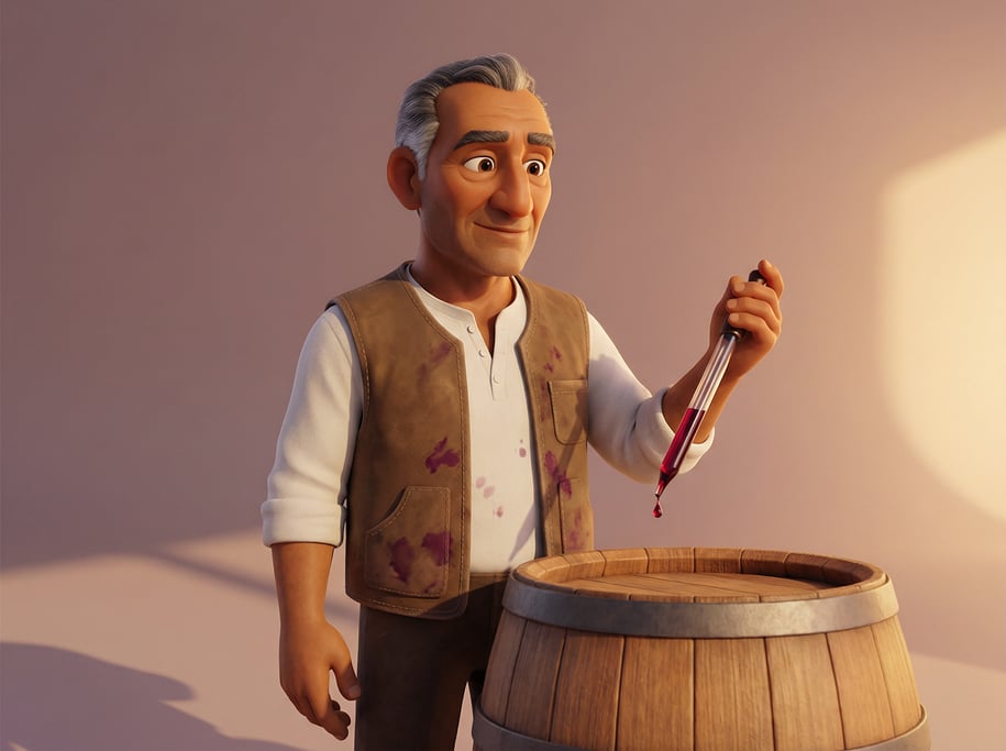 Pixar-style 3D character — a distinguished winemaker with olive skin and salt-and-pepper temples