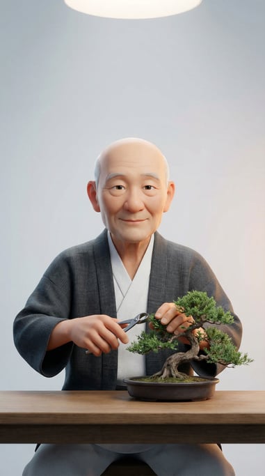 Pixar-style 3D character — a patient bonsai master with a clean-shaven head and serene expression