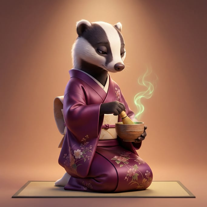 Pixar-style 3D character — a poised tea ceremony master with elegant posture and downcast eyes