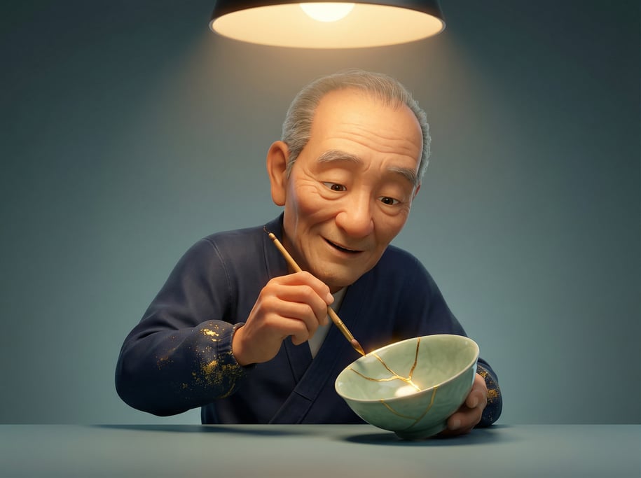 Pixar-style 3D character — a meticulous kintsugi artisan with fine laugh lines and steady hands
