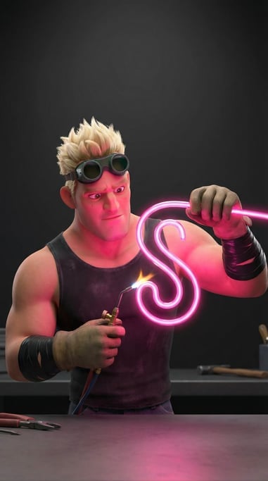 Pixar-style 3D character — a bold neon sign maker with protective goggles pushed up into spiky bleac