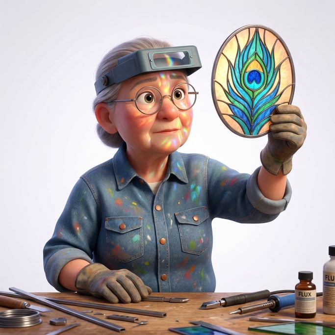 Pixar-style 3D character — a focused stained glass artist with paint-flecked hands and a magnifying