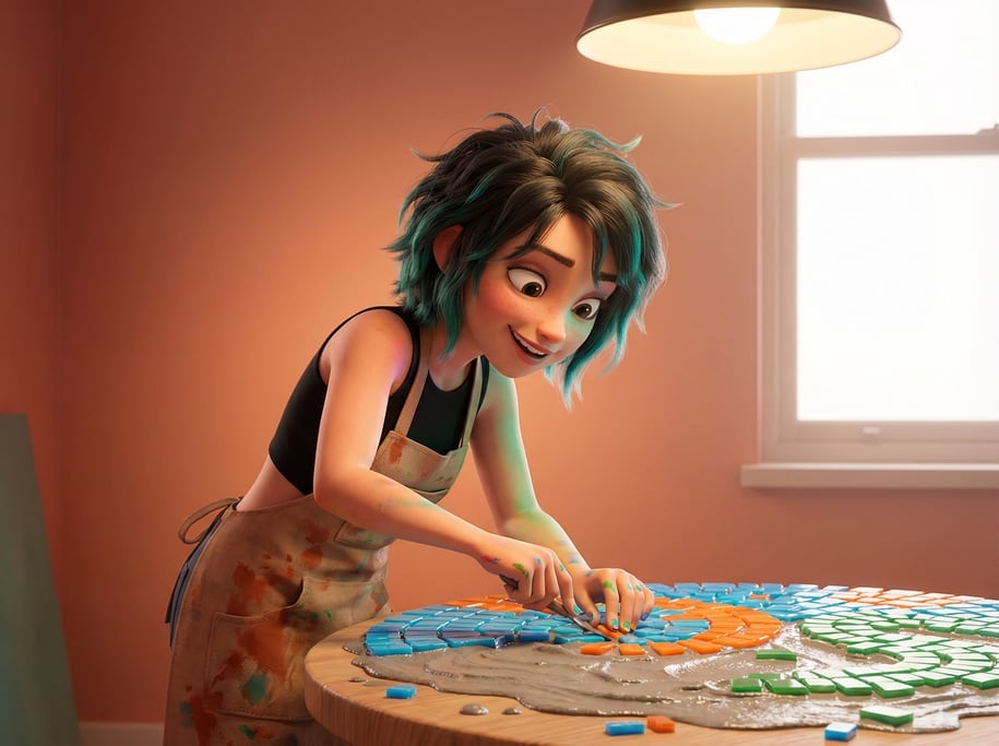 Pixar-style 3D character — a vibrant mosaic artist with turquoise-streaked dark hair and paint under