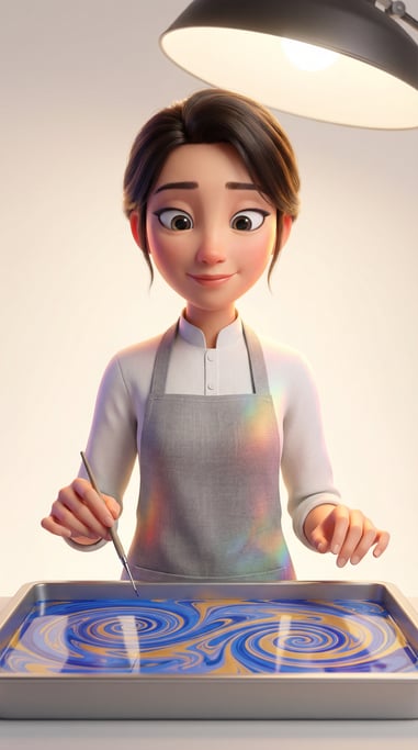 Pixar-style 3D character — a meditative paper marbler with delicate fingers hovering above a tray of