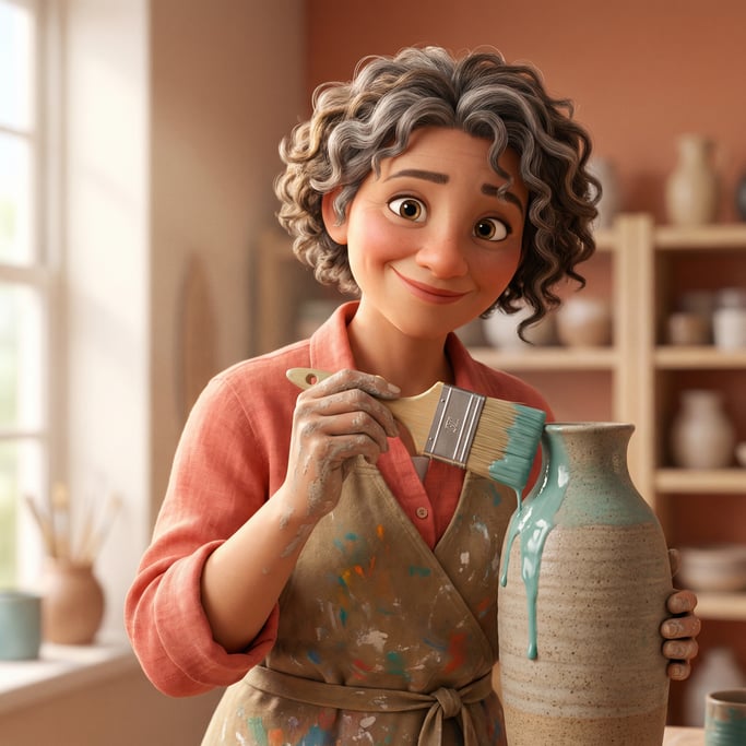 Pixar-style 3D character — a warm-hearted ceramicist with clay-caked hands and an easy smile