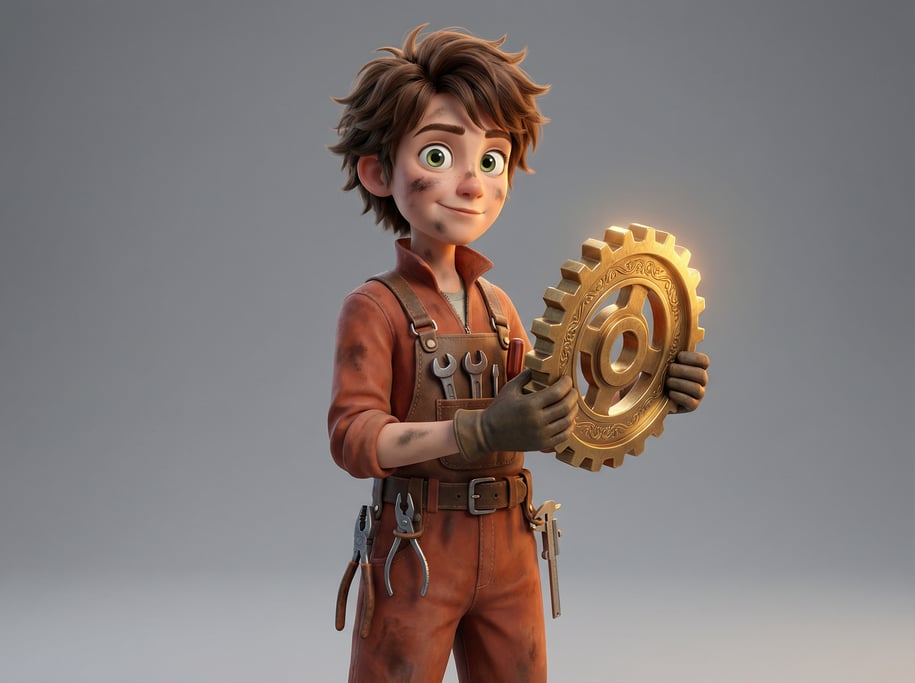 Pixar-style 3D character — a nimble clocktower mechanic with grease-smudged cheeks and bright green