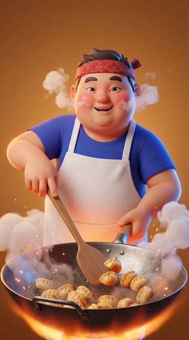 Pixar-style 3D character — a joyful street food vendor with a wide grin and steam-flushed skin