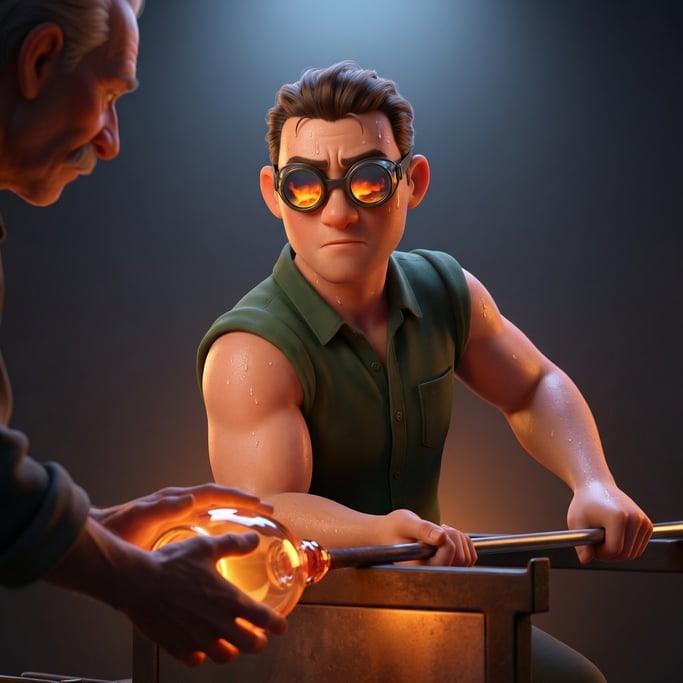 Pixar-style 3D character — an intense glassblowing assistant with protective goggles reflecting oran