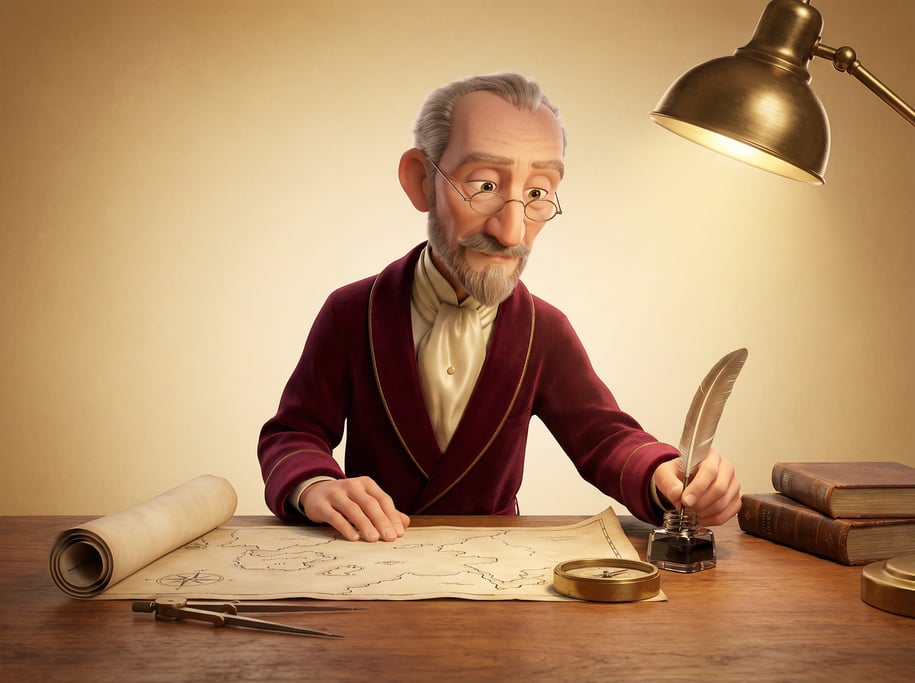 Pixar-style 3D character — a meticulous cartographer with wire spectacles and a neatly trimmed Van D