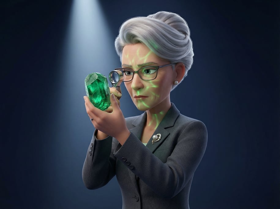 Pixar-style 3D character — a serious gemologist examining a large uncut emerald through a handheld l