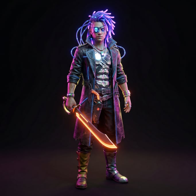 Cyberpunk 3D character — a flamboyant space pirate with a holographic eyepatch projecting a skull