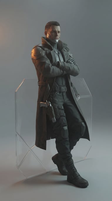Cyberpunk 3D character — a laconic smuggler leaning against nothing with arms crossed