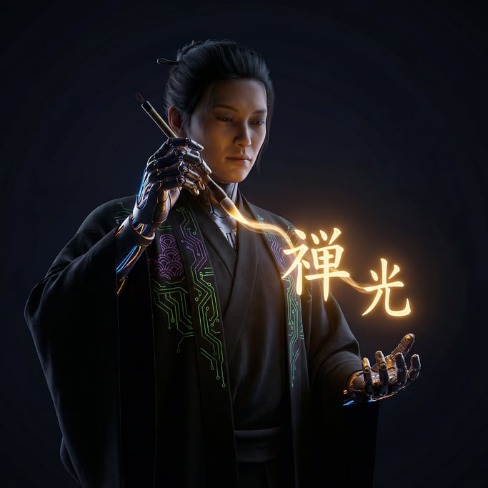 Cyberpunk 3D character — a contemplative neon calligrapher with prosthetic hands featuring extra-pre
