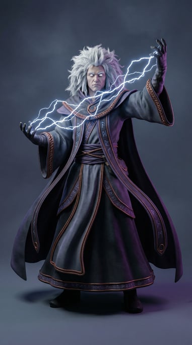 Fantasy 3D character — a towering storm mage with crackling electricity arcing between raised finger