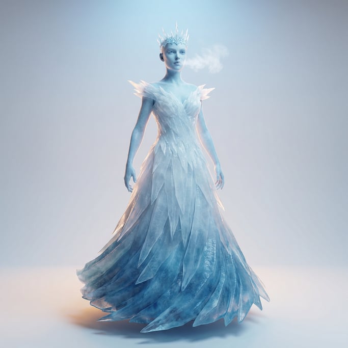 Fantasy 3D character — a regal ice queen with pale blue skin and frost crystals forming a crown acro