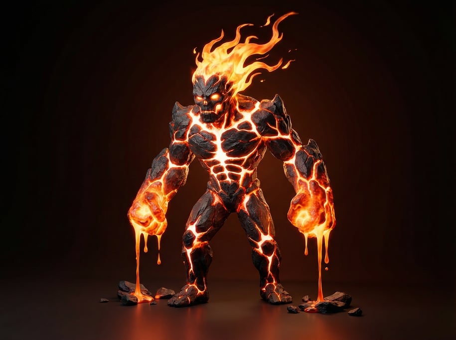 Fantasy 3D character — a living fire elemental in humanoid form with a core of white-hot magma visib