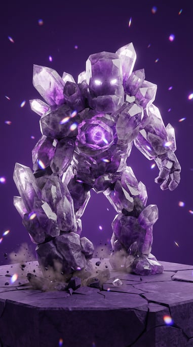 Fantasy 3D character — a massive crystal golem with a body of interlocking amethyst and quartz shard