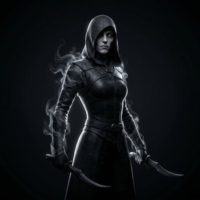Fantasy 3D character — a lithe shadow assassin emerging from darkness