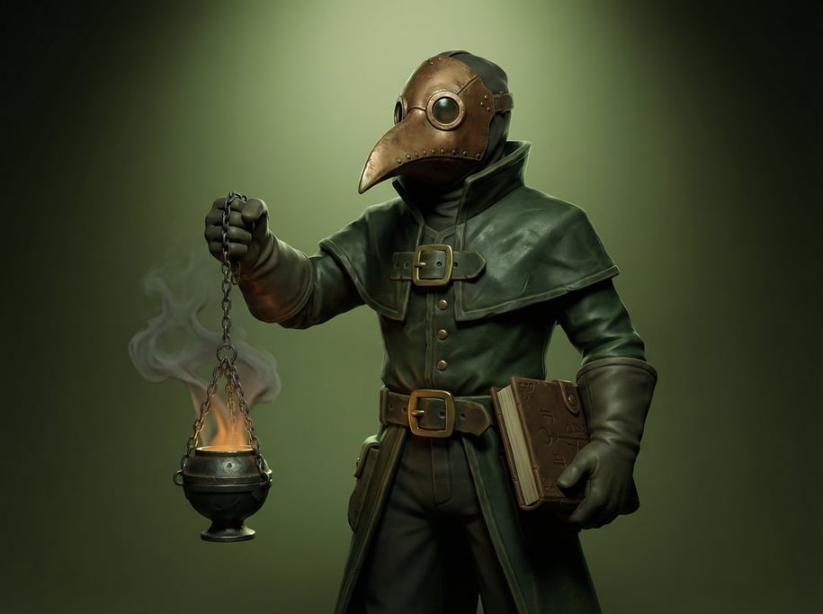 Fantasy 3D character — an eerie plague doctor with an elongated beaked mask in tarnished copper