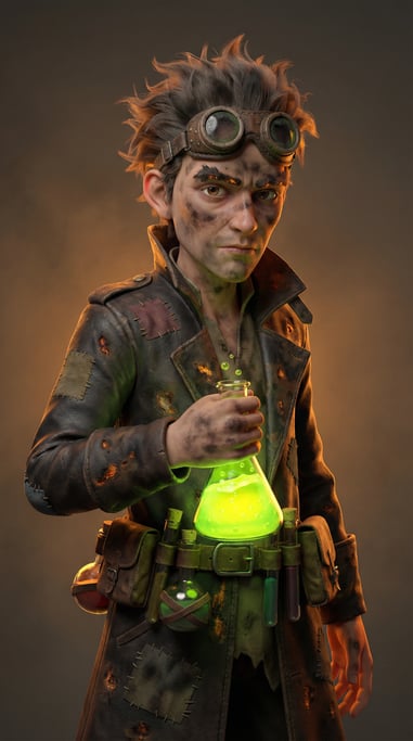Fantasy 3D character — a wild-eyed alchemist with singed eyebrows and soot-smeared cheeks