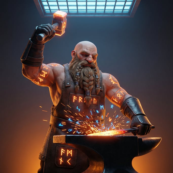 Fantasy 3D character — a hulking rune smith with molten runes glowing orange across massive arms and
