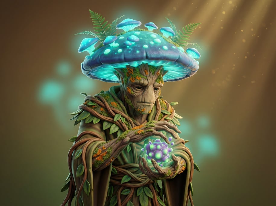 Fantasy 3D character — a whimsical mushroom druid with a living cap of bioluminescent fungi growing