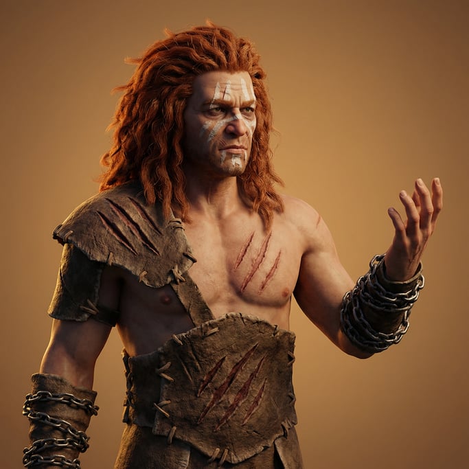 Fantasy 3D character — a scarred beast tamer with a wild mane of copper-red hair and tribal face pai
