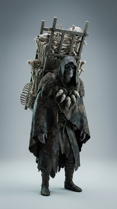 Fantasy 3D character — a gaunt bone collector draped in a tattered cloak of stitched-together animal