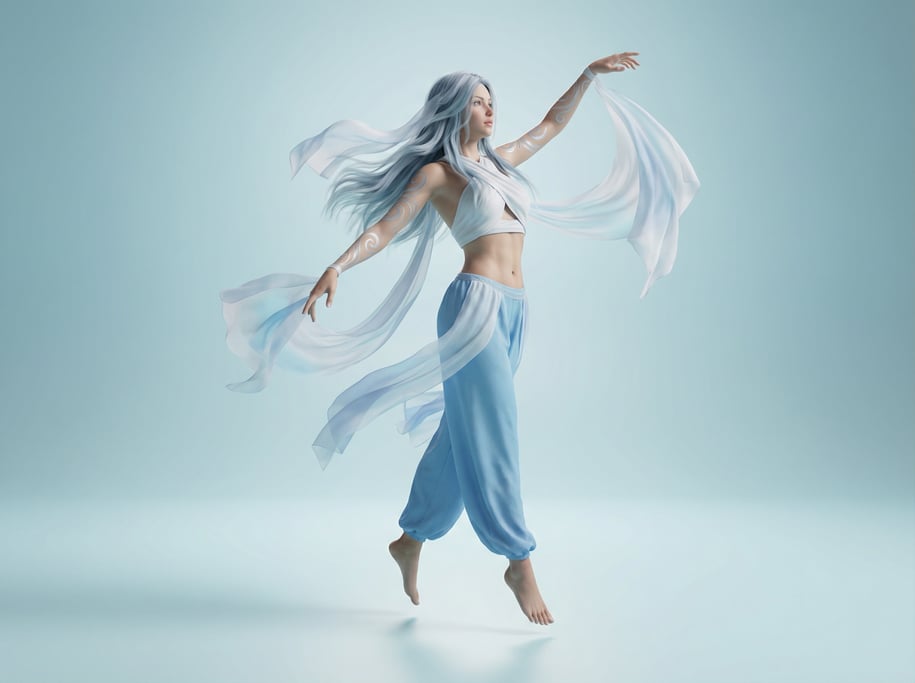Fantasy 3D character — a graceful wind dancer with hair and silk scarves perpetually flowing in an i