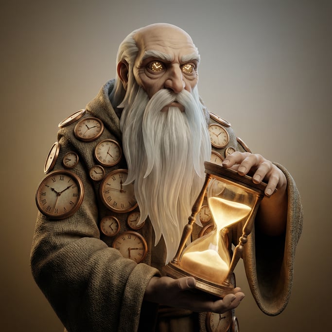Fantasy 3D character — a wizened time keeper in robes covered with ticking clock faces of various si