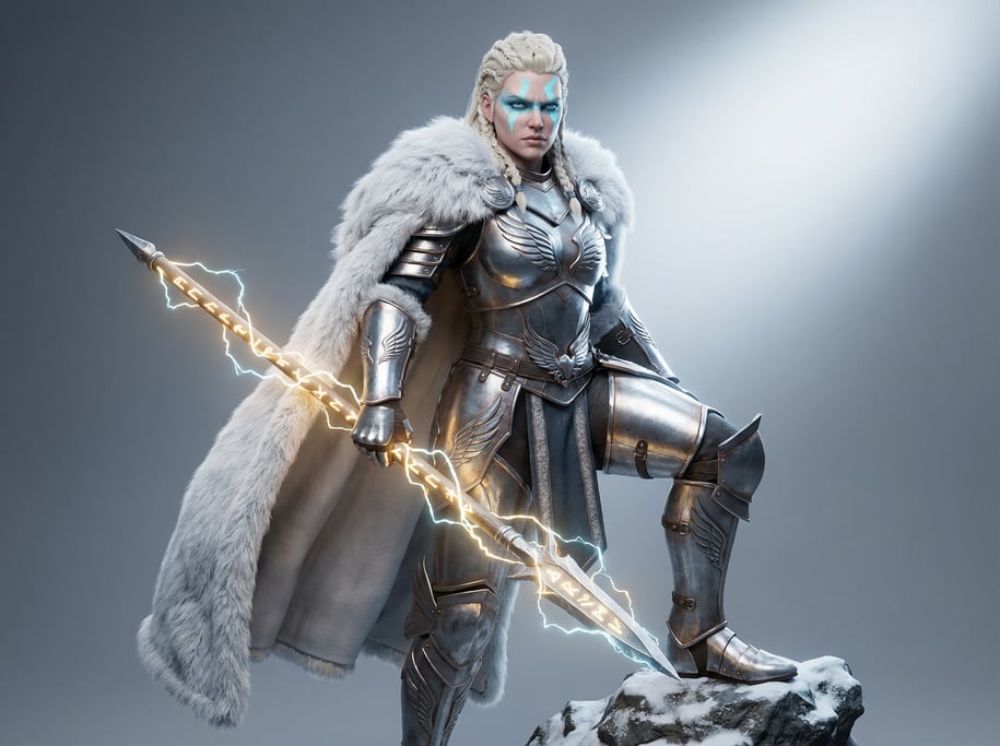 Fantasy 3D character — a fierce valkyrie with braided platinum hair and ice-blue war paint across th