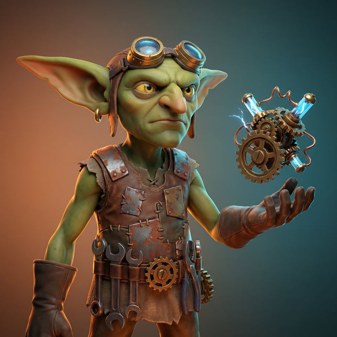Fantasy 3D character — a cunning goblin artificer with oversized pointed ears and clever yellow eyes