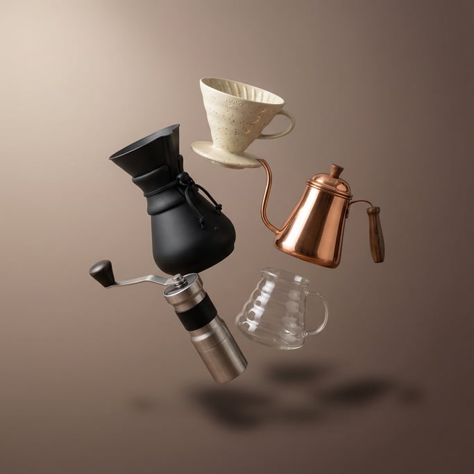 Collection of pour-over coffee brewing gear floating in a loose constellation — a matte black Chemex
