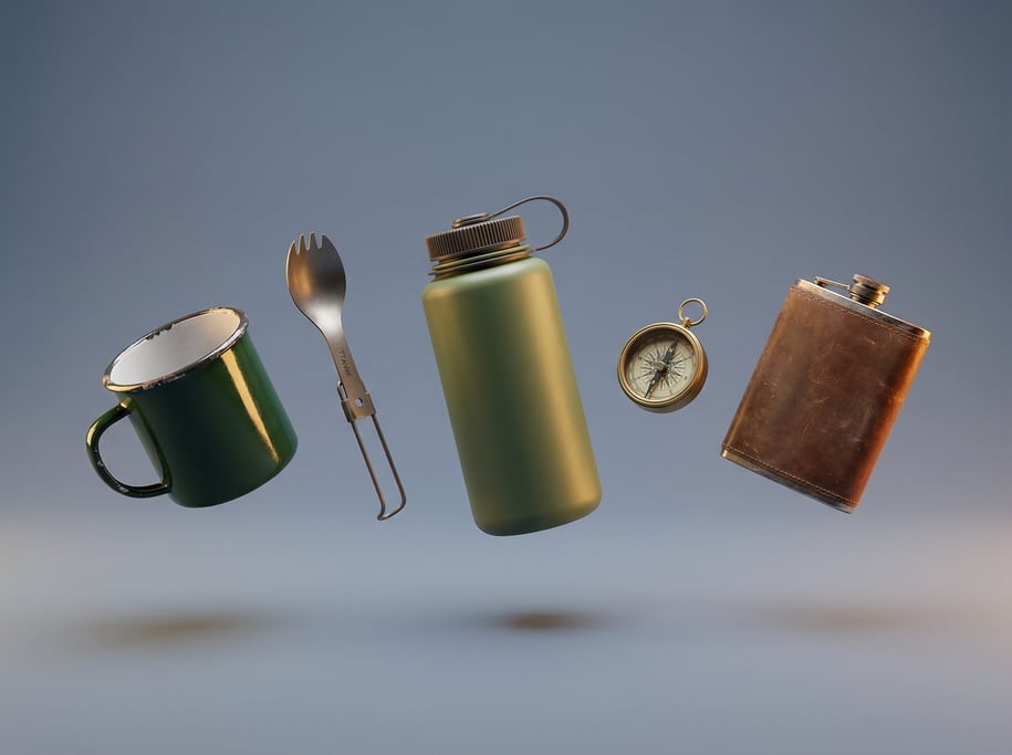 Five pieces of premium camping gear floating in formation — a forest-green enamel mug with chipped r