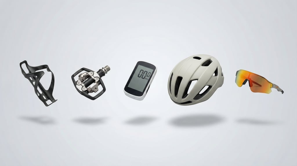 Array of road cycling accessories floating in a horizontal spread — carbon fiber water bottle cage