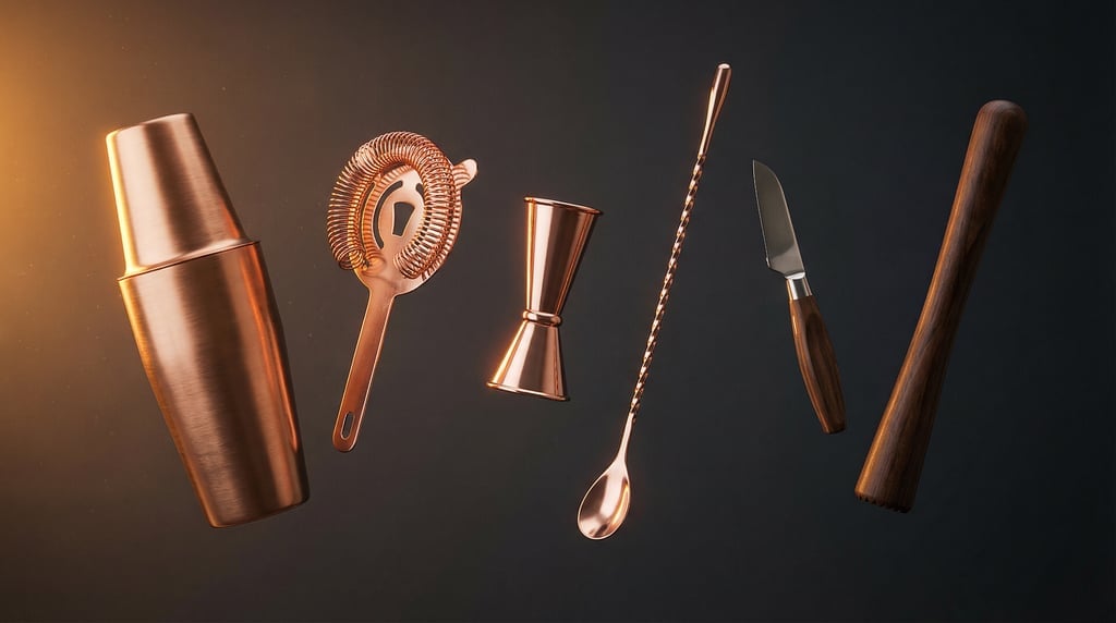 Cocktail bar tools arranged in a floating panoramic spread — a brushed copper Boston shaker
