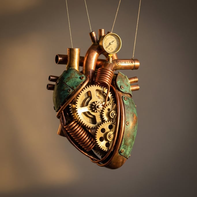 Steampunk mechanical heart sculpture floating center frame — exposed brass gears and copper tubing f