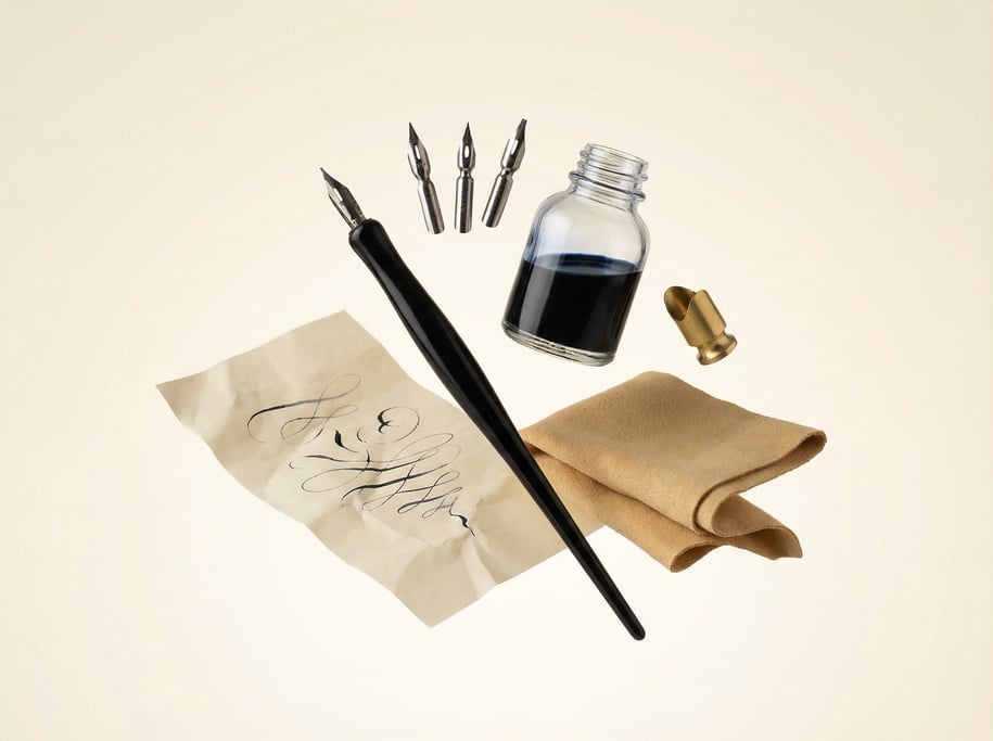 Calligraphy set floating as a curated collection — a black lacquered pen holder